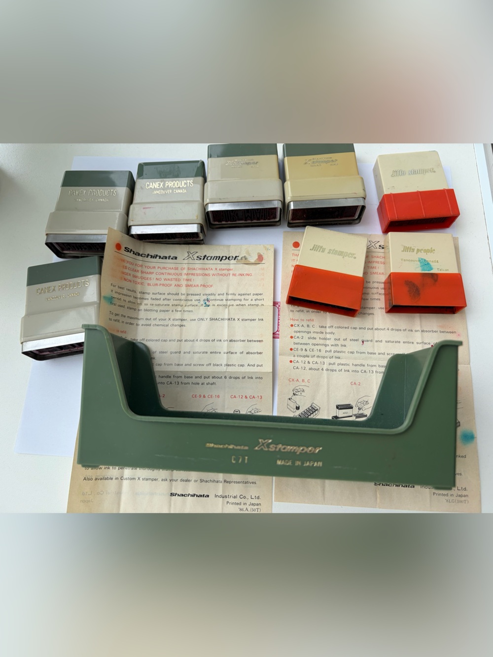 VTG Shachihata Xstamper Set C7T Office Stamps Holder Japan Red Blue 8 Lot Canex - Picture 6 of 7